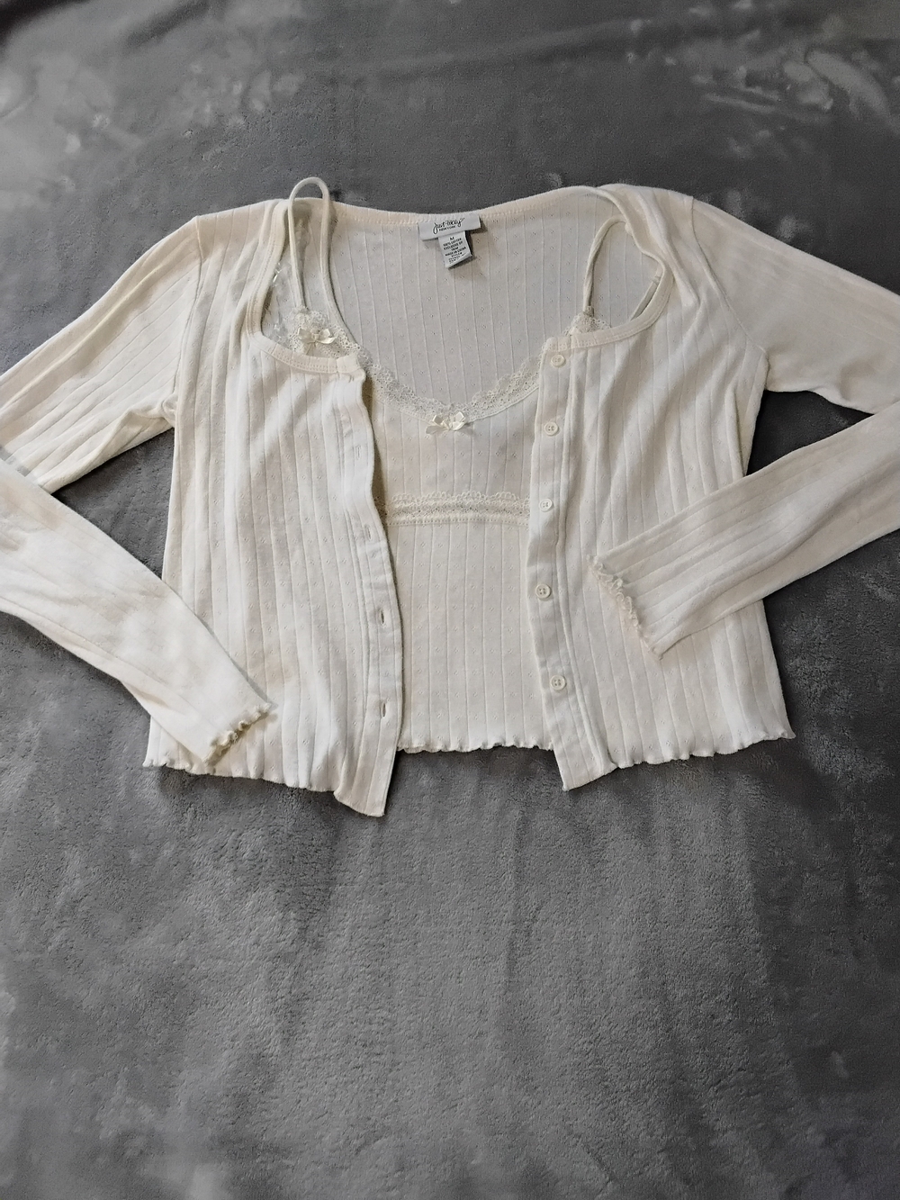 White Lace-Trim Ribbed Tank & Cardigan Set